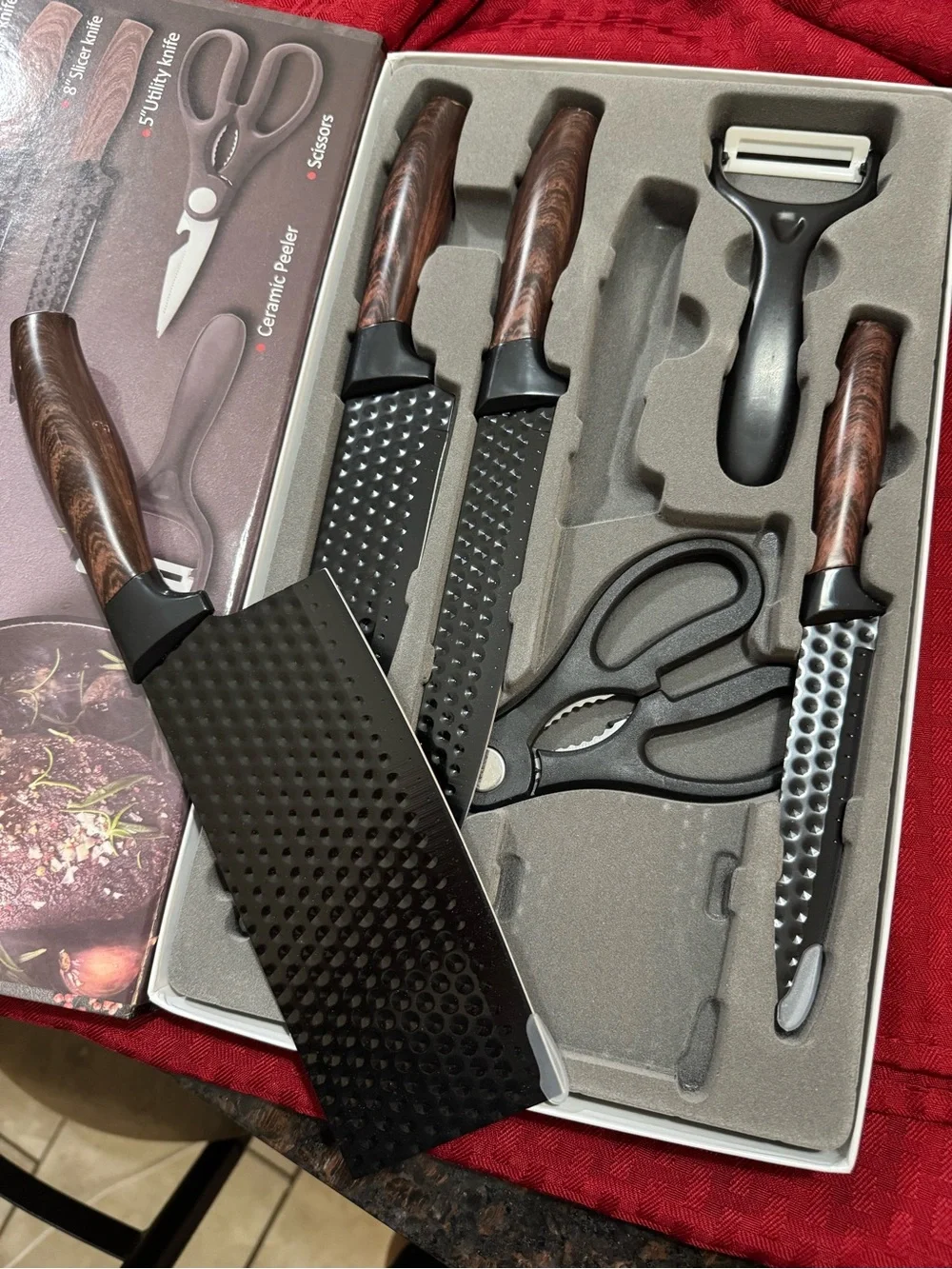 Hessem Black Hammered Blade Knife Set with Wood-Grain Handles